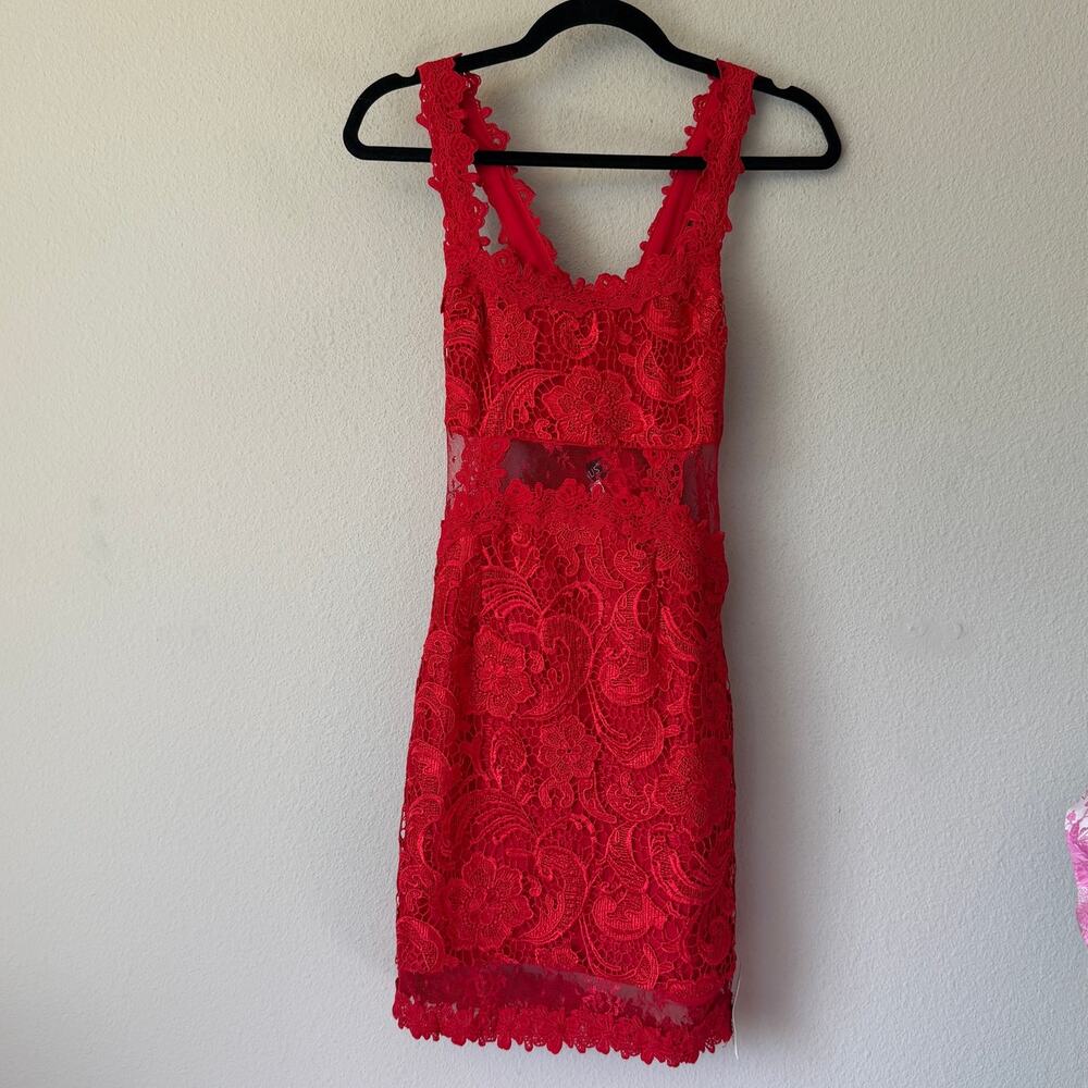 Venus Red Lace Mesh Cut Out Mini Dress NEW NWT Size S - Picture 2 of 5
